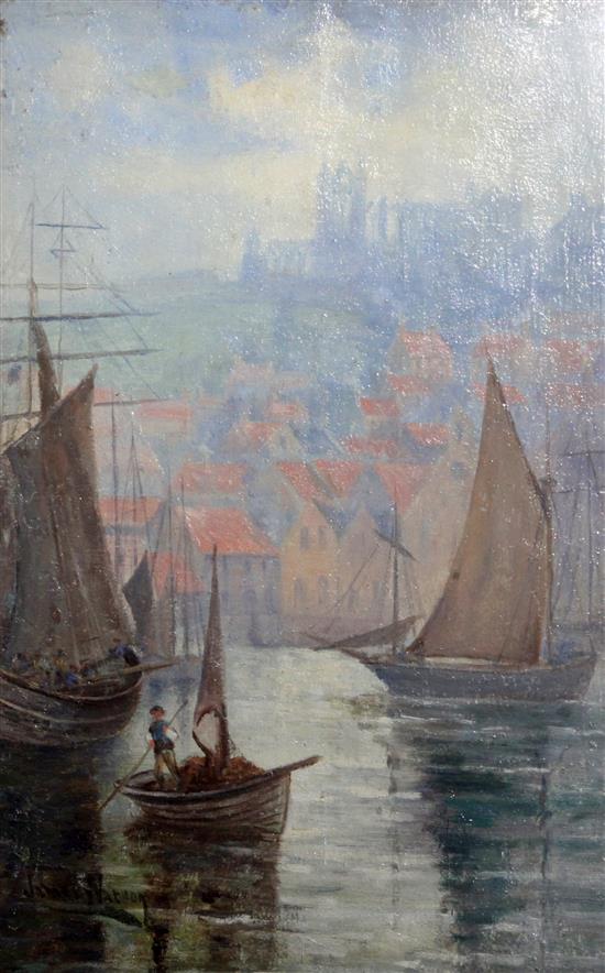 James Watson (1851-1936) Fishing boats in Whitby Harbour, 17 x 11in.